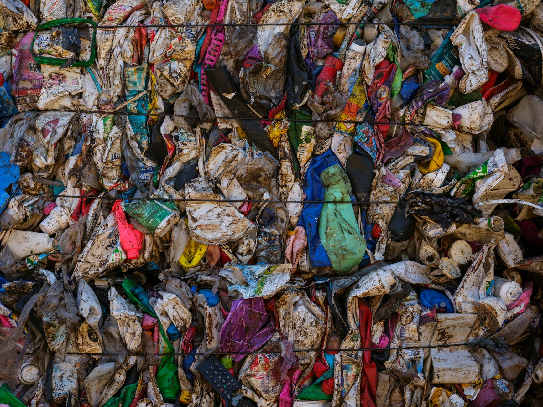 A visually striking wall of compressed, multicolored plastic waste highlighting recycling and consumerism concerns.