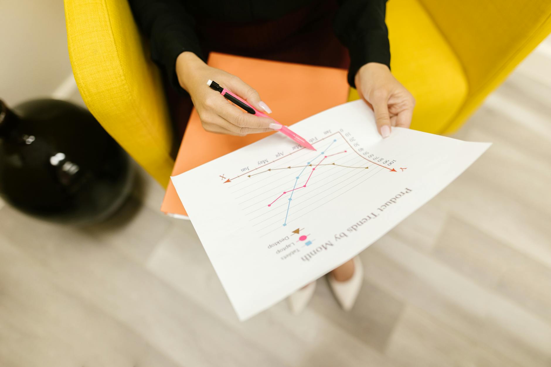 Woman reviewing a product trend graph analysis indoors.